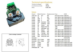 DZE RELEJ STARTERA HONDA CB 400F '89-'90; CBR 600F '87-'90; CBR1000F '89-'91; VF 500/700/750 '85-; XL 600V TRANSALP '87-'99; XRV 650/750 AFRICA TWIN '88-'89; KAWASAKI ZX10 '88-'90; ZX-11 '90-'01; KYMCO XCITIN 250/300/50 (OEM 35850-MK3-671) (150A)
