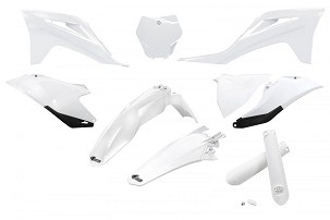 UFO KOMPLET PLASTIKE (FULL KIT) SA ŠTITNICIMA TELESKOPA (AMORTIZERA) GAS GAS MC 125 / 250 '21-'23, EX 250 / 300 '21-'23, MC-F / EX-F 250 / 350 / 450 '21-'23 BOJA BELA