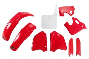 UFO KOMPLET PLASTIKE (FULL KIT) SA ŠTITNICIMA TELESKOPA (AMORTIZERA) HONDA CR 125 '93-'94, CR 250 '92-'94 BOJA OEM (CRVENA/BELA) (HO096E999)