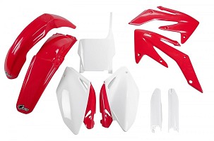 UFO KOMPLET PLASTIKE (FULL KIT) SA ŠTITNICIMA TELESKOPA (AMORTIZERA) HONDA CRF 250R '04-'05 BOJA OEM (CRVENA/BELA) (HO104E999)