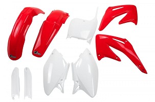 UFO KOMPLET PLASTIKE (FULL KIT) SA ŠTITNICIMA TELESKOPA (AMORTIZERA) HONDA CRF 450 R '02-'03 BOJA OEM (CRVENA/BELA) (HO106E999)