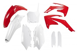 UFO KOMPLET PLASTIKE (FULL KIT) SA ŠTITNICIMA TELESKOPA (AMORTIZERA) HONDA CRF 450 R '09-'10, CRF 250 '10 BOJA OEM (CRVENA/BELA) (HO113E999)