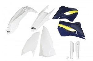 UFO KOMPLET PLASTIKE (FULL KIT) SA ŠTITNICIMA TELESKOPA (AMORTIZERA) HUSQVARNA TE/FE 125/250/300/350/450 '15-'16 BOJA OEM '15 (BELA/ŽUTA) (HU615E999)