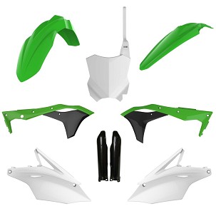 POLISPORT KOMPLET PLASTIKE (FULL KIT) KAWASAKI KX 250F '17-'20W SETU TABLICA PREDNJA (8665900001) I ŠTITNICI AMORTIZERA (8351800005) BOJA ZELENA CRNA BELA