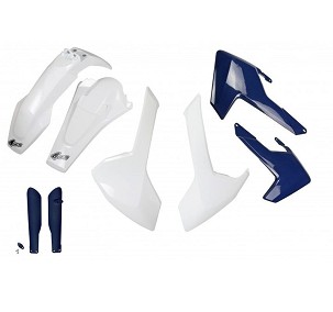 UFO KOMPLET PLASTIKE (FULL KIT) SA ŠTITNICIMA TELESKOPA (AMORTIZERA) HUSQVARNA TE/TX 125/250/300 '17-19, FE 250/350/450/501 '17-19 BOJA OEM (BELA, ŠTITNICI HLADNJAKA PLAVE) (HU618E999)