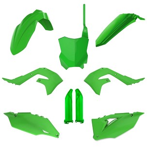 POLISPORT KOMPLET PLASTIKE (FULL KIT) KAWASAKI KX 250F '21-'24; KX 450F '19-'23W SETU TABLICA PREDNJA (8665900001) I ŠTITNICI AMORTIZERA (8351800005) BOJA ZELENA