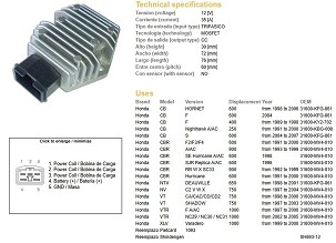DZE REGULATOR NAPONA HOND CB 250 NIGHTHAWK '91-'00; CB 600F HORNET '98-'06; CBR 600F2/F3/F4 '91-'03; CBR 900RR '92-'99; VT 750C '97-'03; NTV 650 DEAUVILLE '98-'01; VTR 1000 '97-'05; XLV 1000 VARADERO '99-'00 (35A) (RGU-107;CL691-12;ESR580;ESR587)