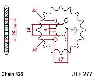 JT LANČANIK PREDNJA 2118 14 HONDA TRX 90 '93-19', CRF 125 '14-21', DERBI SENDA/MULHACEN/TERRA '07-14' (211814JT) (LANAC 428)