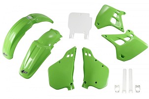 UFO KOMPLET PLASTIKE (FULL KIT) SA ŠTITNICIMA TELESKOPA (AMORTIZERA) KAWASAKI KX 250 '90-'91, BOJA OEM (ZELENA/BELA) (KA188E999)