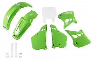UFO KOMPLET PLASTIKE (FULL KIT) SA ŠTITNICIMA TELESKOPA (AMORTIZERA) KAWASAKI KX 125 '90-'91, BOJA OEM (ZELENA/BELA) (KA196E999)