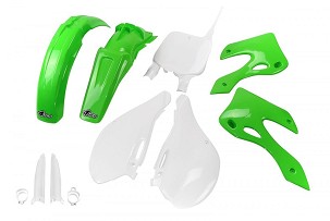 UFO KOMPLET PLASTIKE (FULL KIT) SA ŠTITNICIMA TELESKOPA (AMORTIZERA) KAWASAKI KX 125 / 250 '99-'02 BOJA OEM (ZELENA/BELA) (KA200E999)
