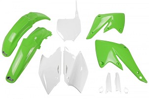 UFO KOMPLET PLASTIKE (FULL KIT) SA ŠTITNICIMA TELESKOPA (AMORTIZERA) KAWASAKI KXF 250 '04-'05 BOJA OEM (ZELENA/BELA) (KA203E999)