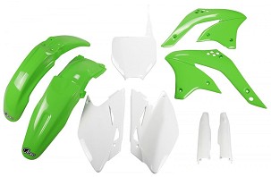 UFO KOMPLET PLASTIKE (FULL KIT) SA ŠTITNICIMA TELESKOPA (AMORTIZERA) KAWASAKI KXF 450 '08 BOJA OEM (ZELENA/ BELA) (KA211E999)