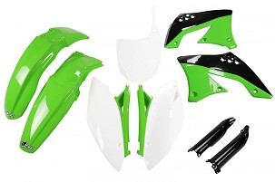 UFO KOMPLET PLASTIKE (FULL KIT) SA ŠTITNICIMA TELESKOPA (AMORTIZERA) KAWASAKI KXF 450 '09-'11 BOJA OEM '10-'11 (ZELENA/BELA/CRNA) (KA216E999)