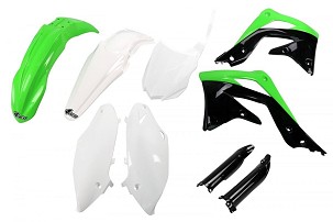 UFO KOMPLET PLASTIKE (FULL KIT) SA ŠTITNICIMA TELESKOPA (AMORTIZERA) KAWASAKI KXF 450 '13-'15 BOJA OEM (ZELENA/BELA/CRNA) (KA220E999)