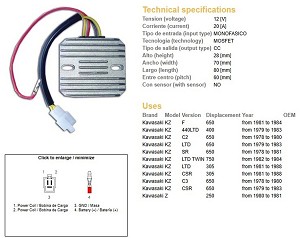 DZE REGULATOR NAPONA KAWASAKI KZ 440LTD '79-'93; KZ 750LTD '82-'84; KZ 650F '81-'84 (JEDNOFAZNI)
