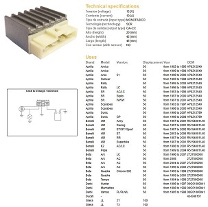 DZE REGULATOR NAPONA APRILIA; BENELLI; BETA; DERBI; GILERA; KTM 125/250/300/450/525 EXC ; KAWASAKI; MALAGUTI; SUZUKI; YAMAHA (5031134000) (12V/8A) (ESR085)
