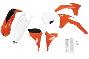 UFO KOMPLET PLASTIKE (FULL KIT) SA ŠTITNICIMA TELESKOPA (AMORTIZERA) KTM SXF '11-'12, SX '12 BOJA OEM (NARANDŽASTA/BELA) (KT510E999)