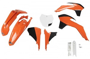 UFO KOMPLET PLASTIKE (FULL KIT) SA ŠTITNICIMA TELESKOPA (AMORTIZERA) KTM SX/SXF '13-'15, SX 250 '16, BOJA OEM '13-'14 (NARANDŽASTA/CRNA/BELA) (KT515E999)
