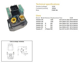 DZE RELEJ STARTERA YAMAHA WR 250R '08-'20; XTZ 660 TENERE '11-'15; FJR 1300 '08-'24 (12V/150A)