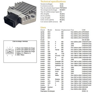 DZE REGULATOR NAPONA HONDA CB 600F '02-'06; CBF 500 '04-'07; CBR 1100XX '96-'98; FES 125/150/250 '97-'03; NES 125/150/250 '01-'03; VFR 750F/A/AC '90-'97; APRILIA; MALAGUTI;PIAGIO (35A) (31600-MY7-305) - ZAMENJUJE 2055-01