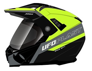 UFO KACIGA ARIES OFF-ROAD / DUAL / TOURER / CROSSOVER SA VIZIROM, ŠILTOM I VIZIROM ZAŠTITNI OD SUNCA BOJA CRNA/SIVA/ŽUTA FLUO VELIČINA M ( ECE 22R06 )