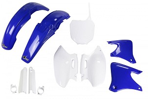 UFO KOMPLET PLASTIKE (FULL KIT) SA ŠTITNICIMA TELESKOPA (AMORTIZERA) YAMAHA YZF 250 '01-'02 BOJA OEM (BELA/PLAVA) (YA303E999)