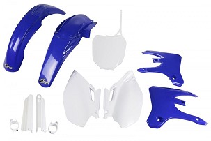 UFO KOMPLET PLASTIKE (FULL KIT) SA ŠTITNICIMA TELESKOPA (AMORTIZERA) YAMAHA YZF 250 / 450 '03-'05 BOJA OEM (BELA/PLAVA) (YA304E999)