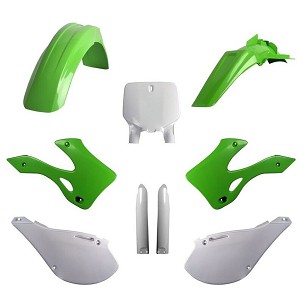 POLISPORT KOMPLET PLASTIKE (FULL KIT) KAWASAKI KX 125/250 '99-'02W SETU TABLICA PREDNJA (8677000001) I ŠTITNICI AMORTIZERA (8395000001) BOJA ZELENA OEM