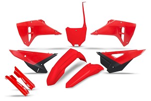 UFO 2026/03 KOMPLET PLASTIKE (FULL KIT) SA ŠTITNICIMA TELESKOPA (AMORTIZERA) HONDA CRF 250 / 450 RX '25-'26 BOJA OEM CRVENA / CRNA