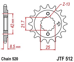 JT LANČANIK PREDNJA 525 13 KAWASAKI ZXR 400, KLE 500 '91-'96 (-1), GPZ 500S (-1) (52513JT) (LANAC 520)