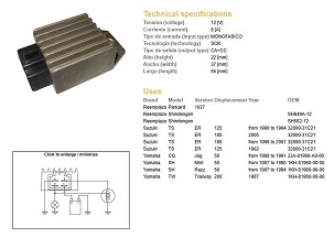 DZE REGULATOR NAPONA SUZUKI TS 125ER '90-'94; YAMAHA JOG 50 (1KH-81960-00-00; 32800-31C21) (SH582-12; SH649A-12) 12V/18A